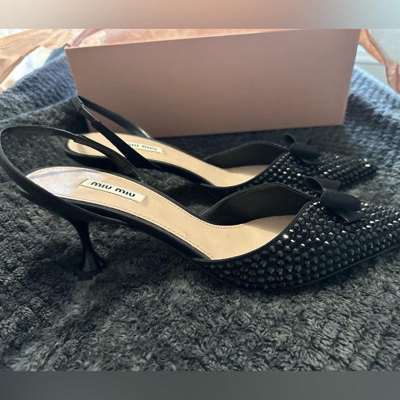 Miu Miu Black Crystal Embellished Satin Bow Slingback Pumps - Picture 5 of 5